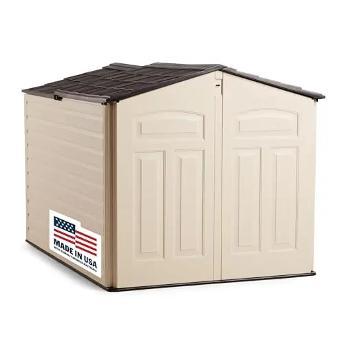 Rubbermaid resin storage shed with slide-lid design and weather-resistant construction