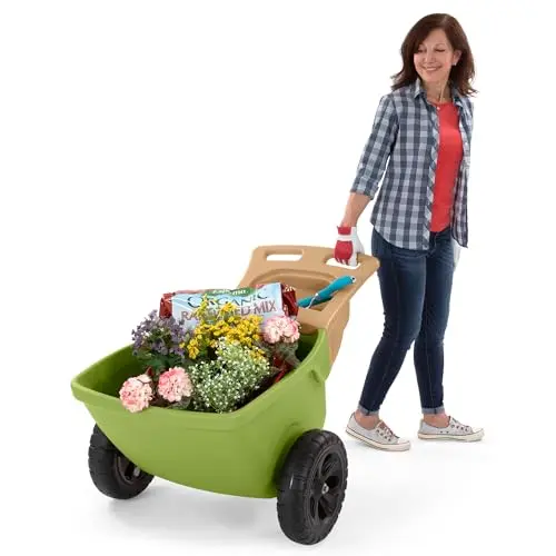 Simplay3 green plastic wheelbarrow with storage tray and large wheels