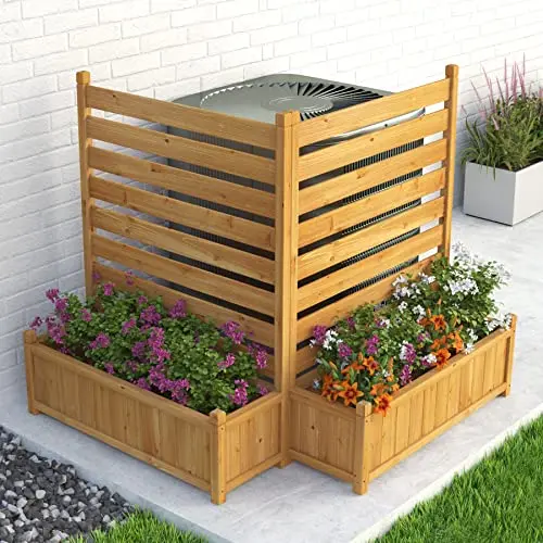 GDLF wooden privacy screen with planter box for hiding outdoor equipment