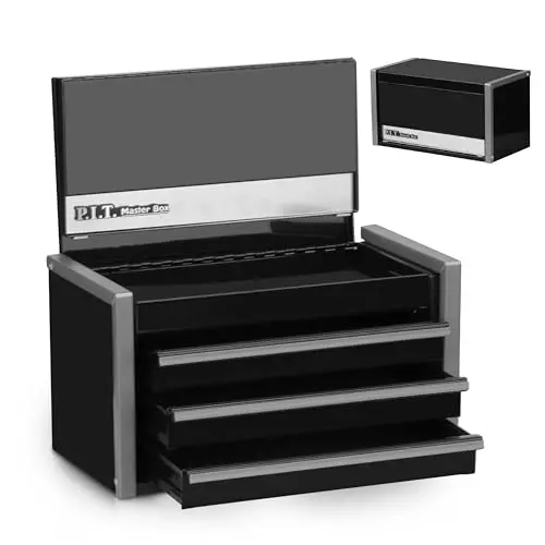 P.I.T. black steel mini tool box with three drawers and magnetic locking
