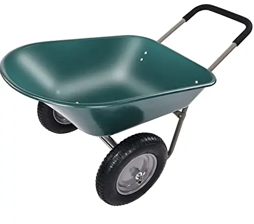 Elevon dual-wheel garden wheelbarrow in green with built-in stand