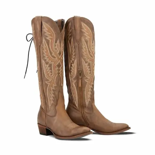 MissHeel brown knee high cowboy boots with adjustable corset back
