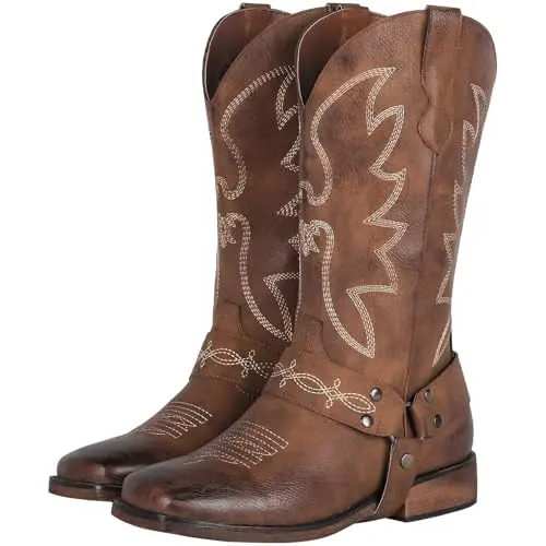 SHESOLE women's brown cowboy boots with detachable buckle strap and square toe