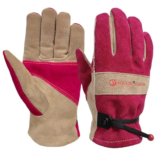 AOUCHI cotton lined leather work gloves for women in rose red