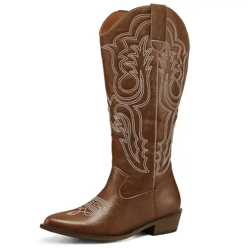 MYSOFT women's wide calf cowboy boots with chunky heel and embroidery
