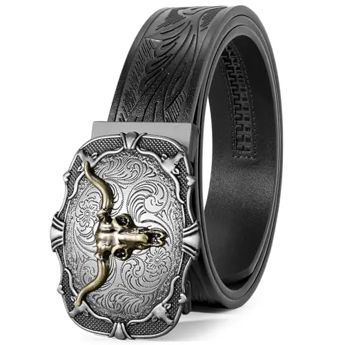 SANSTHS ratchet western belt with automatic buckle and embossed design