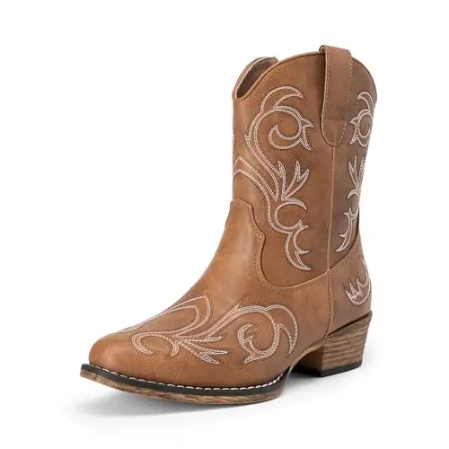 DREAM PAIRS women's western ankle boots with embroidery and side zipper