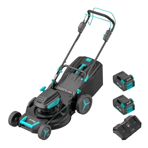 MightyMow cordless self-propelled lawn mower with dual batteries
