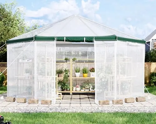 AMERLIFE hexagonal greenhouse with white and green PE cover and metal frame